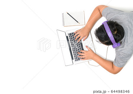 Happy boy student playing computer with headsetsの写真素材 [64498346] - PIXTA
