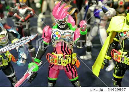 Selected focused on fictional character action figure from Japanese popular series KAMEN RIDER. Various custom of Kamen Rider depending on its series and era.   64499947