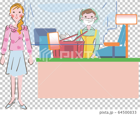 レジで案内するマスクをした店員　イラスト 64500833