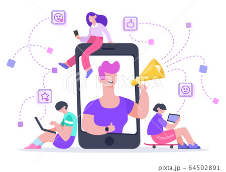 Influencer advertising marketing. Social media promotion, phone screen influencer or blogger internet advertisement promotion vector illustration Influencer advertising marketing. Social media promotion, phone screen influencer or blogger internet advertisement promotion vector illustration 64502891
