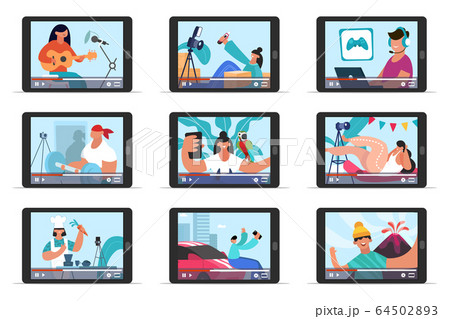 Video bloggers online streaming. Social media content creators, vloggers review, education, fitness, cooking video guides vector illustration set Video bloggers online streaming. Social media content creators, vloggers review, education, fitness, cooking video guides vector illustration set 64502893