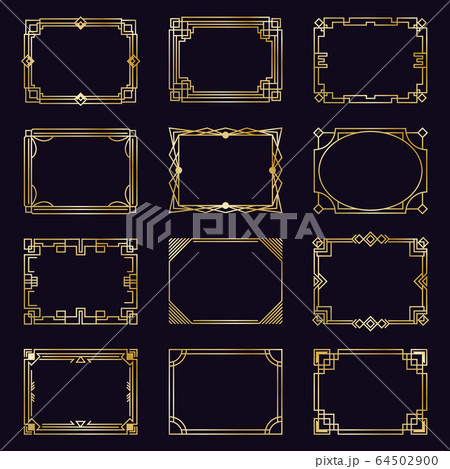 Golden art deco frames. Modern gold elegant borders, arabic geometric decorative ornament frame, antique decorative elements isolated icons set Golden art deco frames. Modern gold elegant borders, arabic geometric decorative ornament frame, antique decorative elements isolated icons set 64502900