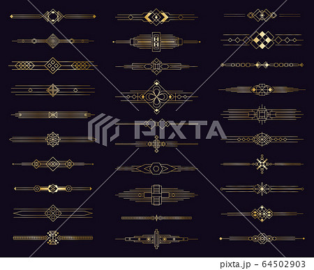 Art deco gold divider. Modern golden elegant border, decorative antique ornament. Vintage arabic geometric dividers isolated icons elements set Art deco gold divider. Modern golden elegant border, decorative antique ornament. Vintage arabic geometric dividers isolated icons elements set 64502903
