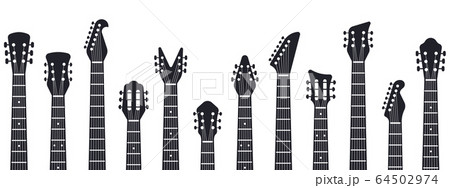 Guitars headstock. Rock music guitar necks silhouette. Electric and acoustic music guitars isolated vector illustration 64502974