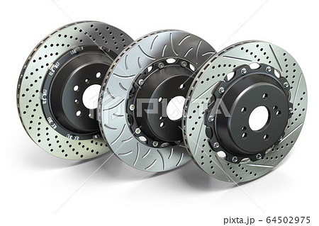 Drilled and slotted brake disks in a row. 64502975