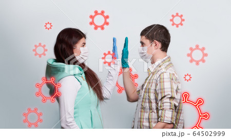 Man and woman in medical mask and medical gloves. Man and woman in medical mask and medical gloves. 64502999