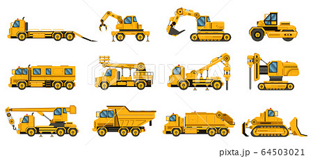 Construction trucks. Equipment building trucks, excavation crane truck, tractors and bulldozers, large engine isolated vector set 64503021