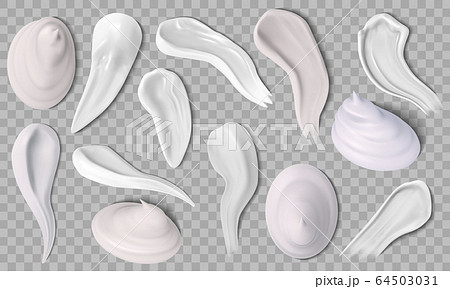 Realistic face cream. Skin creme swatches, creamy swatching of moisturizer and shaving foam. Hygienic creme smears vector icons set 64503031