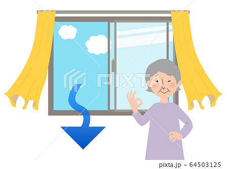 Grandma-opening-a-window-and-ventilating-OK-sign.e 64503125