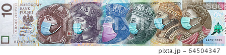 All Polish banknotes with face mask against infection. Coronavirus hit Polish economy causing recession and bankruptcy of thousands of companies. National Bank of Poland prints billions zlotych. Covid 64504347