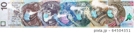 All Polish banknotes with face mask against infection. Coronavirus hit Polish economy causing recession and bankruptcy of thousands of companies. National Bank of Poland prints billions zlotych. Covid 64504351