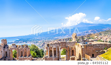 Greek theater in Taormina and Etna Mont 64505112