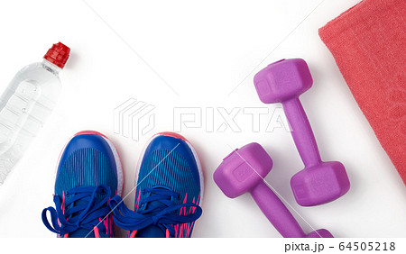 pair of blue sneakers, plastic dumbbells for 64505218