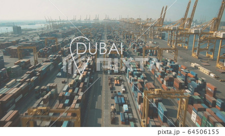 Aerial shot of container port of Dubai with city geotag, UAE 64506155