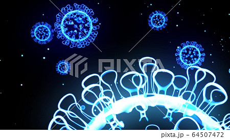 blue glowing holographic image of coronavirus like covid-19 virus or influenza virus flies in air or isolated on black background. 3D rendering for informational presentation. 64507472