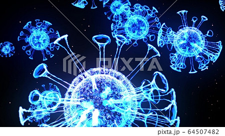 blue glowing holographic image of coronavirus like covid-19 virus or influenza virus flies in air or isolated on black background. 3D rendering for informational presentation. 64507482