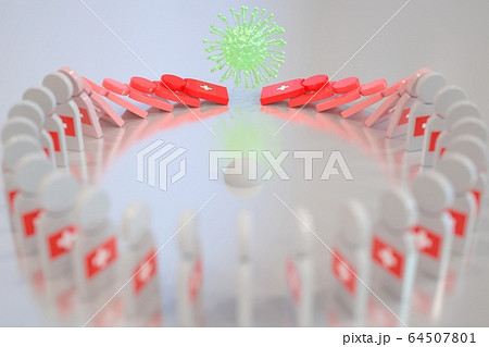 Virus topples dominoes with flag of Switzerland. Coronavirus spread related conceptual 3D rendering Virus topples dominoes with flag of Switzerland. Coronavirus spread related conceptual 3D rendering 64507801