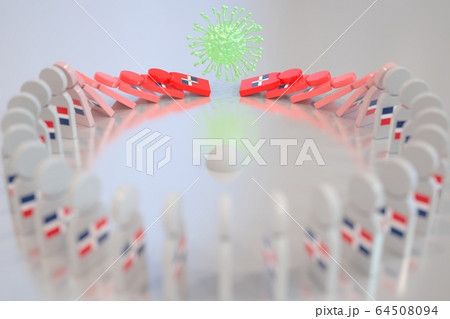 Virus topples dominoes with flag of the Dominican Republic. Coronavirus spread related conceptual 3D rendering 64508094