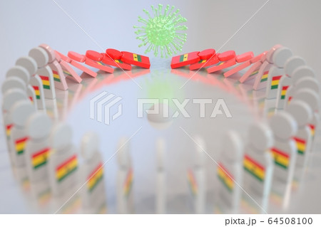Virus topples dominoes with flag of Ghana. Coronavirus spread related conceptual 3D rendering 64508100