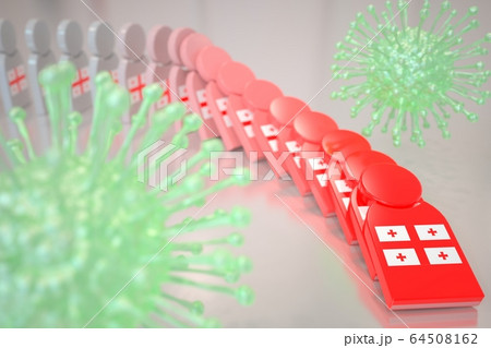 Viruses and falling dominoes with flag of Georgia. Coronavirus spread conceptual 3D rendering Viruses and falling dominoes with flag of Georgia. Coronavirus spread conceptual 3D rendering 64508162