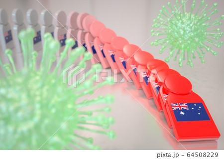 Viruses and falling dominoes with flag of Australia. Coronavirus spread conceptual 3D rendering 64508229