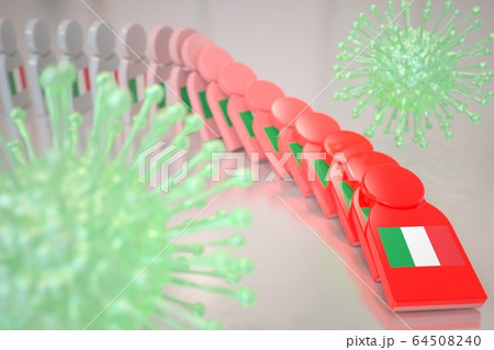 Viruses and falling dominoes with flag of Italy. Coronavirus spread conceptual 3D rendering 64508240