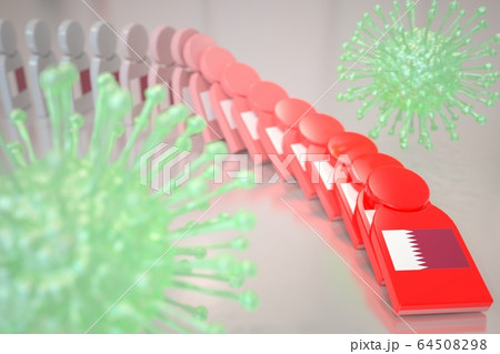 Chain of falling tiles with flag of Qatar, domino effect. COVID-19 pandemic conceptual 3D rendering Chain of falling tiles with flag of Qatar, domino effect. COVID-19 pandemic conceptual 3D rendering 64508298
