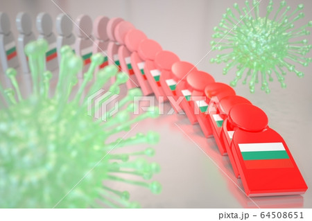 Viruses and falling dominoes with flag of Bulgaria. Coronavirus spread conceptual 3D rendering Viruses and falling dominoes with flag of Bulgaria. Coronavirus spread conceptual 3D rendering 64508651