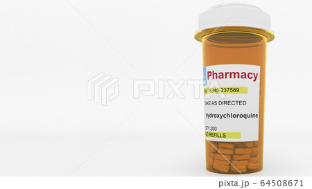 Prescription pharmacy bottle with hydroxychloroquine generic drug pills as a possible COVID-19 disease treatment. 3D rendering 64508671