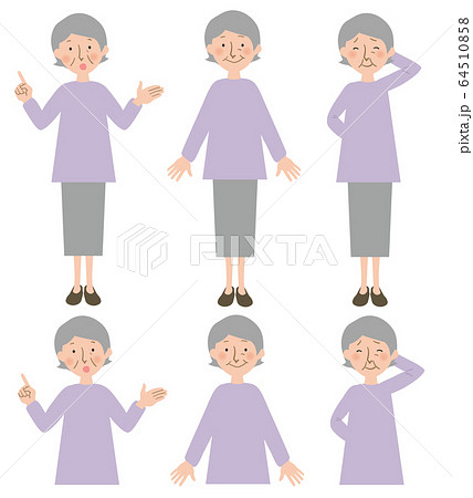説明する 笑顔の 困り顔で照れているおばあちゃんの上半身と全身のベクターイラストセットのイラスト素材