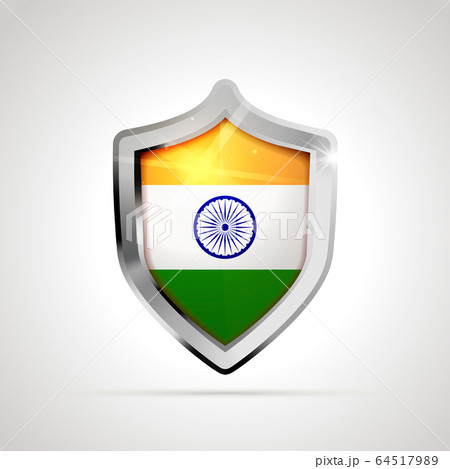 India flag projected as a glossy shield on a white background 64517989