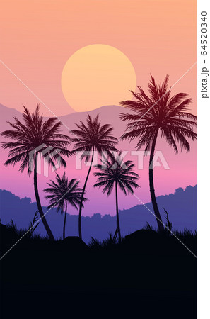 Natural Coconut trees. Mountains horizon hills. Silhouettes of palm trees and hills. Sunrise and sunset. Landscape wallpaper. Illustration vector style. Colorful view background. 64520340