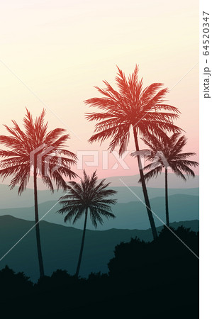 Natural Coconut trees. Mountains horizon hills. Silhouettes of palm trees and hills. Sunrise and sunset. Landscape wallpaper. Illustration vector style. Colorful view background. 64520347