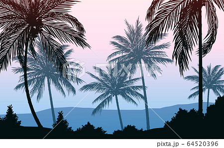 Natural Coconut trees. Mountains horizon hills. Silhouettes of palm trees and hills. Sunrise and sunset. Landscape wallpaper. Illustration vector style. Colorful view background. 64520396
