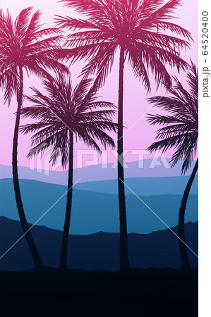 Natural Coconut trees. Mountains horizon hills. Silhouettes of palm trees and hills. Sunrise and sunset. Landscape wallpaper. Illustration vector style. Colorful view background. 64520400