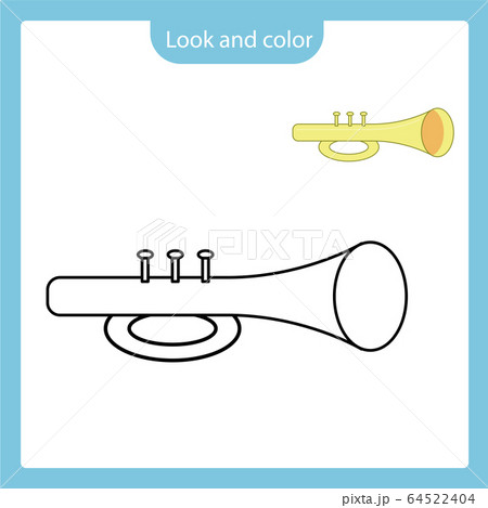 Coloring page outline of trumpet toy with example. 64522404