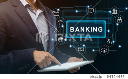 Financier with tablet making online payment through electronic banking system. Collage with finance icons Financier with tablet making online payment through electronic banking system. Collage with finance icons 64524485