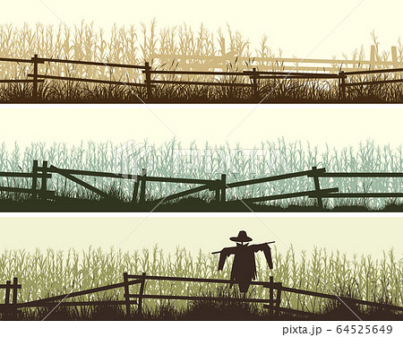 Set of horizontal banners silhouettes of cornfield and grass in front of it with a wooden fence. Set of horizontal banners silhouettes of cornfield and grass in front of it with a wooden fence. 64525649