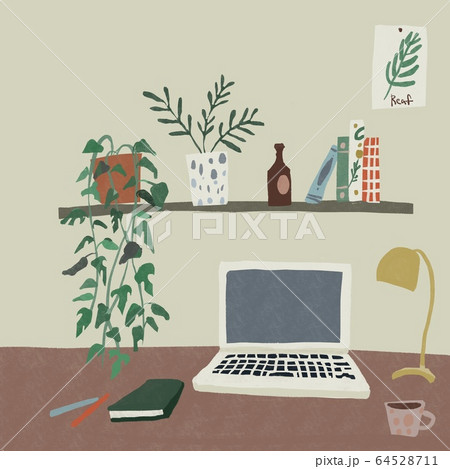 植物と本とパソコンのある空間のイラスト素材