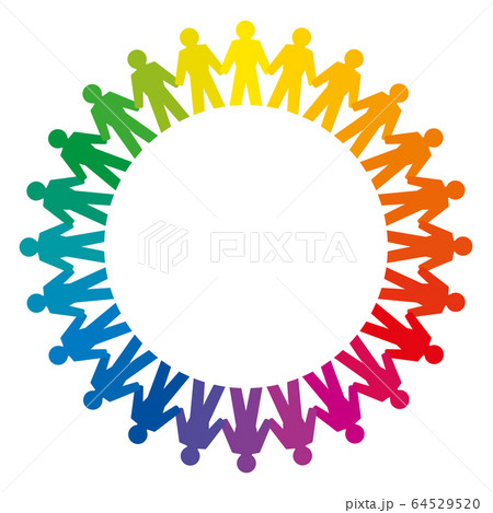 People holding hands forming a big rainbow circle. Abstract symbol of connected people standing a circle to express friendship, love and harmony. We are one world. Black and white illustration. Vector 64529520