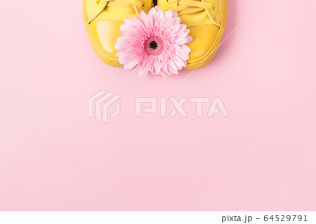 Yellow sneakers and pink gerbera flower. Minimalの写真素材