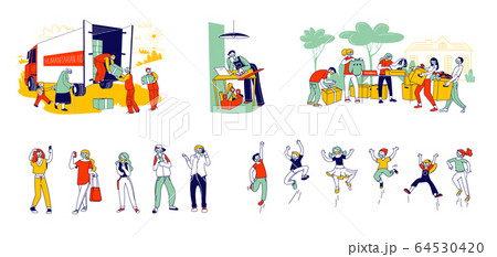 Set of Male Female Characters Young and Adult Wear Medical Mask during Quarantine Self Isolation and Covid19 Pandemic. Happy Kids Jumping, Humanitarian Aid, Donation. Linear People Vector Illustration 64530420