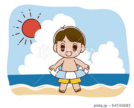 海で浮き輪をもつ水着の男の子のイラスト素材