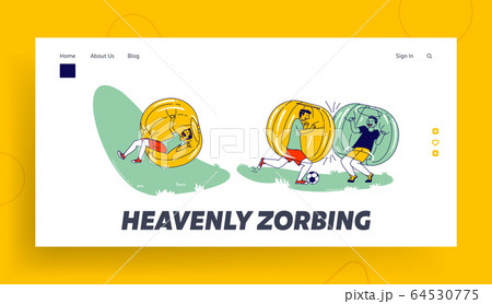 Boys Characters Having Fun Zorbing Recreation Landing Page Template. Teenagers Playing Soccer and Spending Time Outdoors in Zorb Balls. Summer Activity Sport Relax. Linear People Vector Illustration 64530775