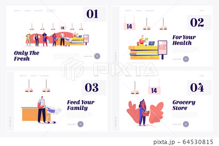 Queue in Grocery Landing Page Template Set. Customers Characters in Medical Masks Stand in Line with Goods Keep Distance Put Buys on Cashier during Covid19 Pandemic. Cartoon People Vector Illustration 64530815