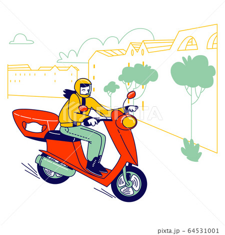 Female Character Riding Scooter Delivering Medical Masks to People at Covid19 Pandemic Quarantine Self Isolation. Volunteer Help to Prevent Virus Spreading at Epidemic Time. Linear Vector Illustration Female Character Riding Scooter Delivering Medical Masks to People at Covid19 Pandemic Quarantine Self Isolation. Volunteer Help to Prevent Virus Spreading at Epidemic Time. Linear Vector Illustration 64531001