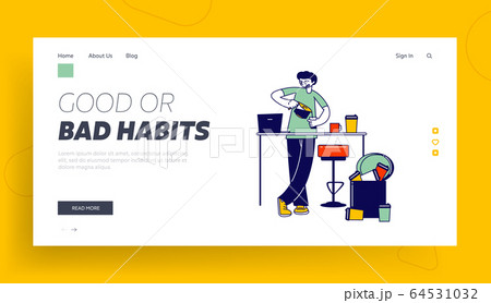 Male Character Have Caffeine Addiction, Bad Habit Landing Page Template. Young Man Stand on Kitchen Holding Cup in Hands Pouring Coffee with Many Dirty Mugs around at Home. Linear Vector Illustration Male Character Have Caffeine Addiction, Bad Habit Landing Page Template. Young Man Stand on Kitchen Holding Cup in Hands Pouring Coffee with Many Dirty Mugs around at Home. Linear Vector Illustration 64531032