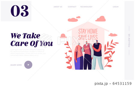 Stay at Home, Self Isolation Save Lives Landing Page Template. Senior and Young Characters Wearing Medical Masks Stand under House Roof. Family on Quarantine. Cartoon People Vector Illustration 64531159