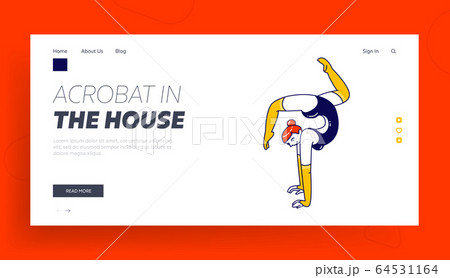 Female Gymnast Character Doing Handstand during Acrobatics Show Performance or Training Landing Page Template. Girl Acrobat Performing Stunt on Circus Arena or Competition. Linear Vector Illustration 64531164