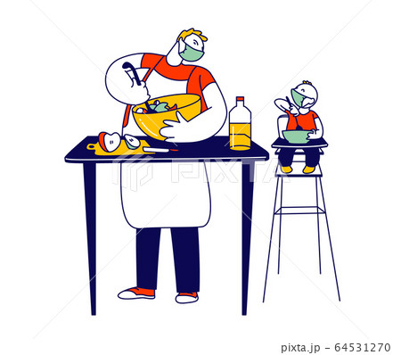 Happy Family Characters Routine. Single Father in Medical Mask Cook Dinner on Kitchen with Baby Son Sit in High Chair. Covid19 Quarantine Sparetime and Home Duties. Linear People Vector Illustration Happy Family Characters Routine. Single Father in Medical Mask Cook Dinner on Kitchen with Baby Son Sit in High Chair. Covid19 Quarantine Sparetime and Home Duties. Linear People Vector Illustration 64531270